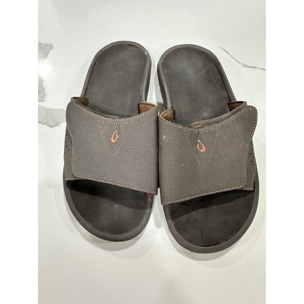 Olukai Nalu Slide Mens 12 Dark Wood Brown Adjustable Strap Sandals 10332-4848
